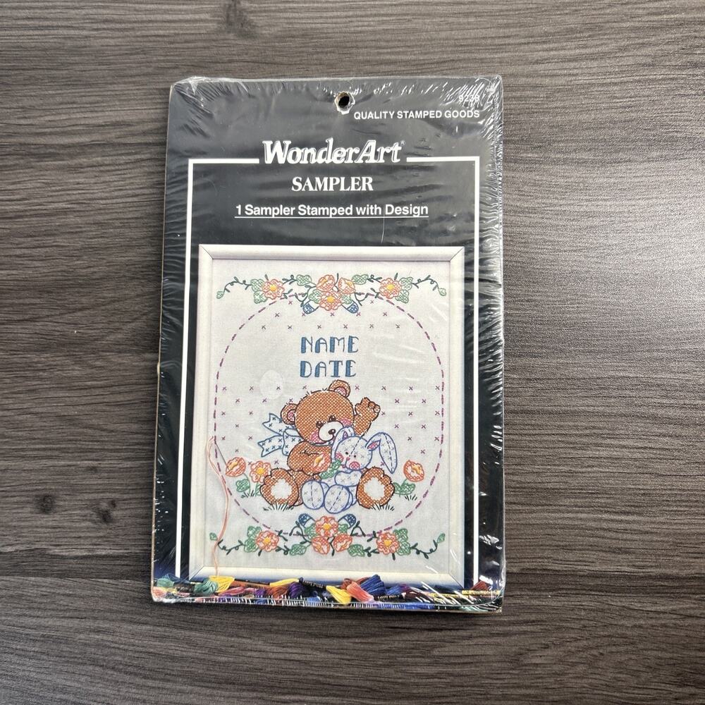WonderArt Bear Bunny Stamped Sampler 9238 11x14 Name Date Embroidery NOS Open